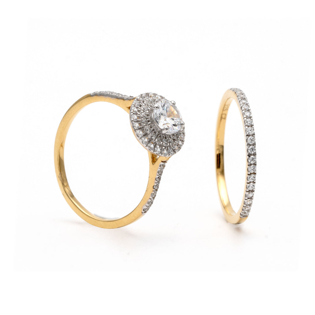 CLASSY ROUND HALO SOLITAIRE RING WITH YELLOW GOLD EFFECT